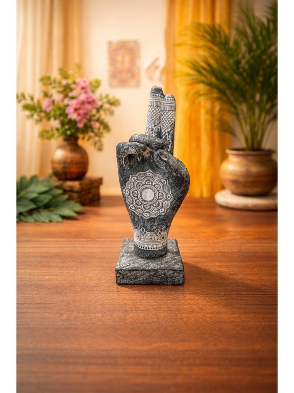 New Black & White Craved Etched India Buddha Peace Sign Hand Sculpture Figure - Picture 1 of 5